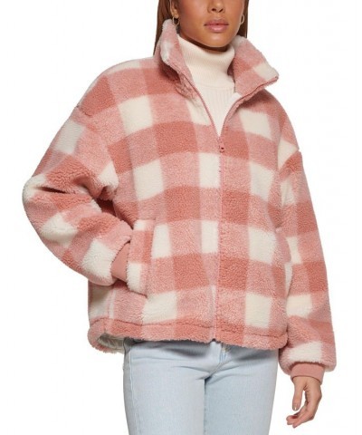 Women's Plaid Sherpa Stand Collar Jacket Pink $43.00 Jackets