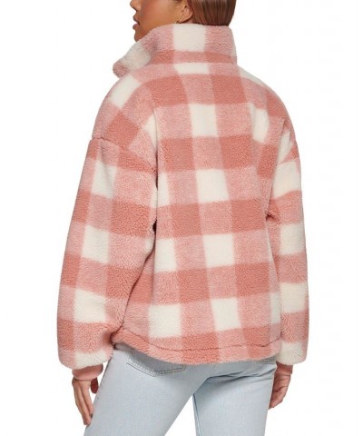 Women's Plaid Sherpa Stand Collar Jacket Pink $43.00 Jackets