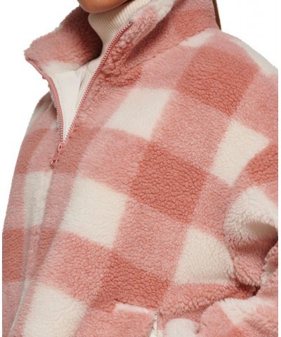 Women's Plaid Sherpa Stand Collar Jacket Pink $43.00 Jackets