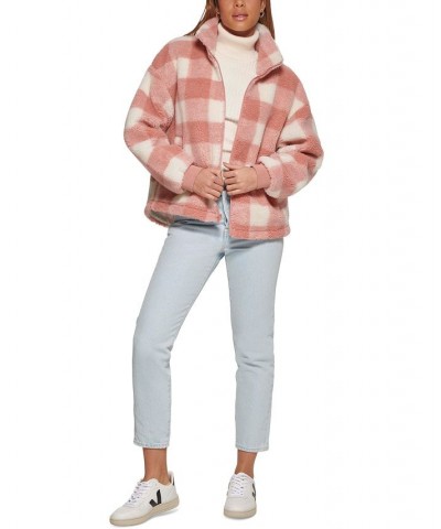 Women's Plaid Sherpa Stand Collar Jacket Pink $43.00 Jackets