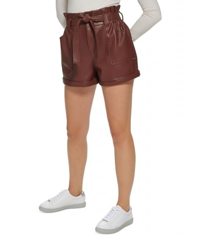 Women's Belted Faux-Leather Shorts Brown $19.24 Shorts