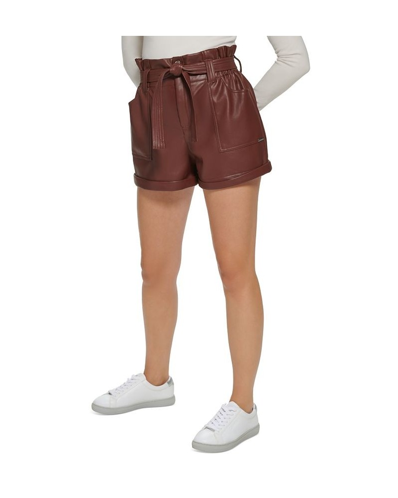 Women's Belted Faux-Leather Shorts Brown $19.24 Shorts