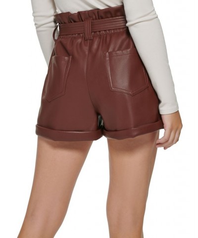 Women's Belted Faux-Leather Shorts Brown $19.24 Shorts