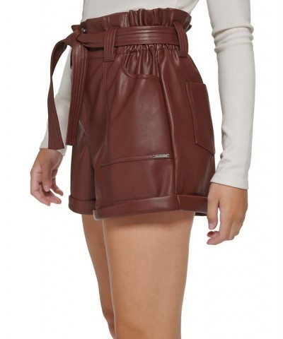 Women's Belted Faux-Leather Shorts Brown $19.24 Shorts