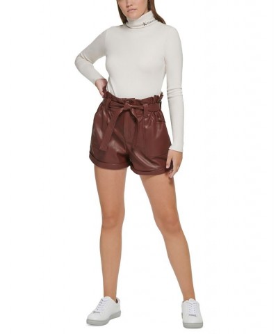 Women's Belted Faux-Leather Shorts Brown $19.24 Shorts