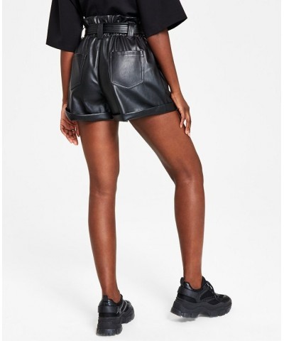 Women's Belted Faux-Leather Shorts Brown $19.24 Shorts