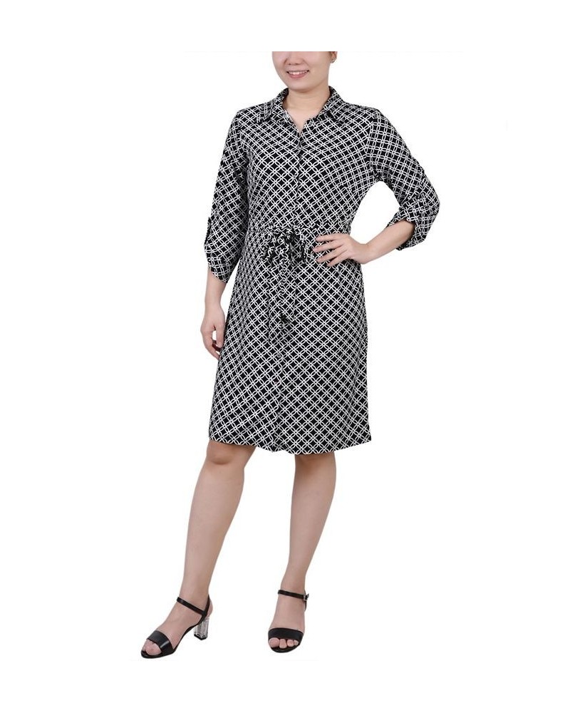 Women's 3/4 Sleeve Tie-Waist Shirtdress Black White Iconic $34.56 Dresses