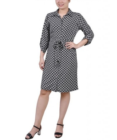 Women's 3/4 Sleeve Tie-Waist Shirtdress Black White Iconic $34.56 Dresses