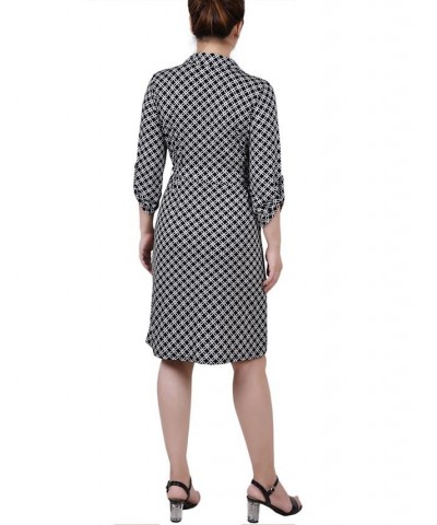 Women's 3/4 Sleeve Tie-Waist Shirtdress Black White Iconic $34.56 Dresses