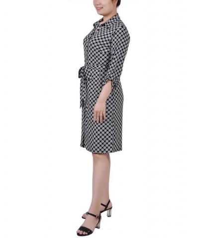 Women's 3/4 Sleeve Tie-Waist Shirtdress Black White Iconic $34.56 Dresses