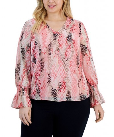 Plus Size Snake Skin Print Blouse Red $20.05 Tops