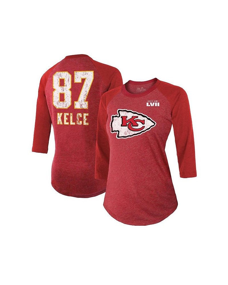 Women's Kansas City Chiefs Super Bowl LVII Team Color Name and Number Tri-Blend Raglan 3/4-Sleeve T-shirt Red $30.59 Tops