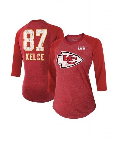 Women's Kansas City Chiefs Super Bowl LVII Team Color Name and Number Tri-Blend Raglan 3/4-Sleeve T-shirt Red $30.59 Tops