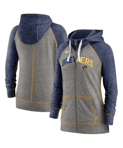 Women's Heathered Charcoal Navy Milwaukee Brewers Split Wordmark Gym Vintage-Like Raglan Full-Zip Hoodie Gray $40.80 Sweatshirts