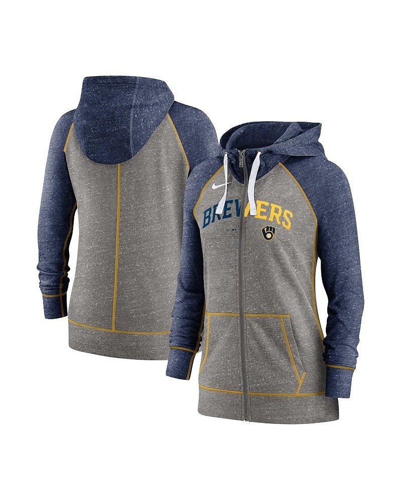 Women's Heathered Charcoal Navy Milwaukee Brewers Split Wordmark Gym Vintage-Like Raglan Full-Zip Hoodie Gray $40.80 Sweatshirts