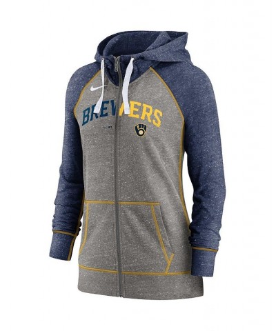 Women's Heathered Charcoal Navy Milwaukee Brewers Split Wordmark Gym Vintage-Like Raglan Full-Zip Hoodie Gray $40.80 Sweatshirts