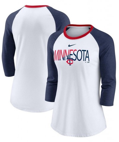 Women's White Heathered Navy Minnesota Twins Color Split Tri-Blend 3/4 Sleeve Raglan T-shirt White $32.99 Tops