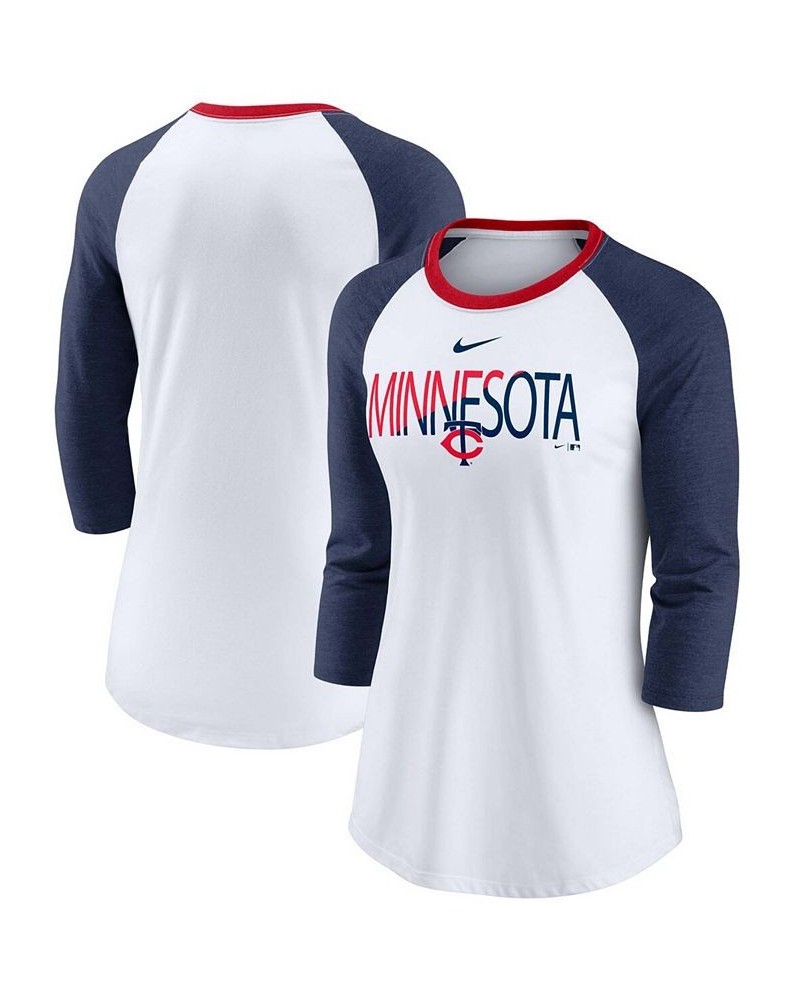 Women's White Heathered Navy Minnesota Twins Color Split Tri-Blend 3/4 Sleeve Raglan T-shirt White $32.99 Tops