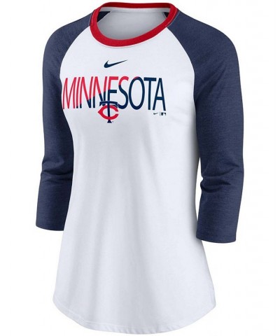 Women's White Heathered Navy Minnesota Twins Color Split Tri-Blend 3/4 Sleeve Raglan T-shirt White $32.99 Tops