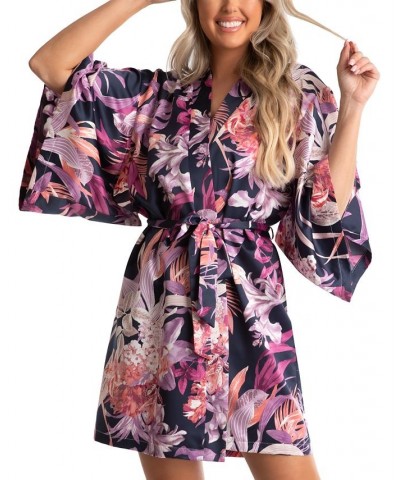 Women's Mina Tropical Printed Satin Wrap Robe Navy $14.35 Sleepwear