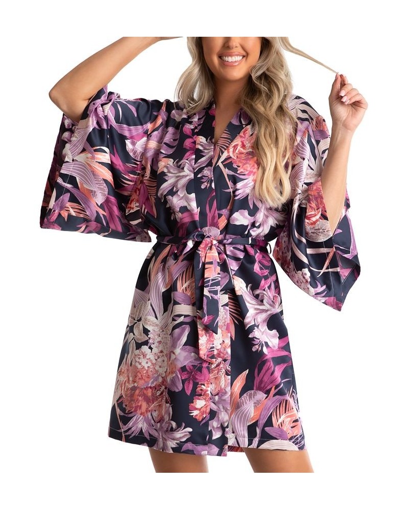 Women's Mina Tropical Printed Satin Wrap Robe Navy $14.35 Sleepwear