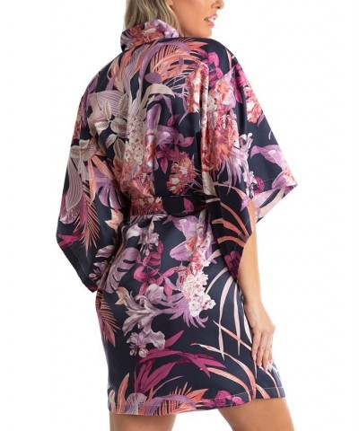 Women's Mina Tropical Printed Satin Wrap Robe Navy $14.35 Sleepwear