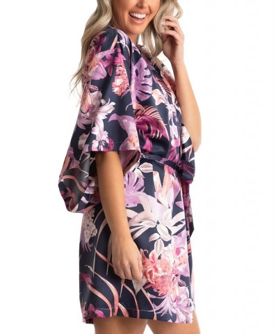 Women's Mina Tropical Printed Satin Wrap Robe Navy $14.35 Sleepwear