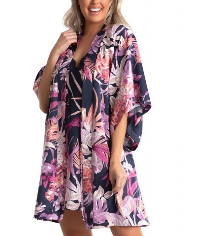 Women's Mina Tropical Printed Satin Wrap Robe Navy $14.35 Sleepwear