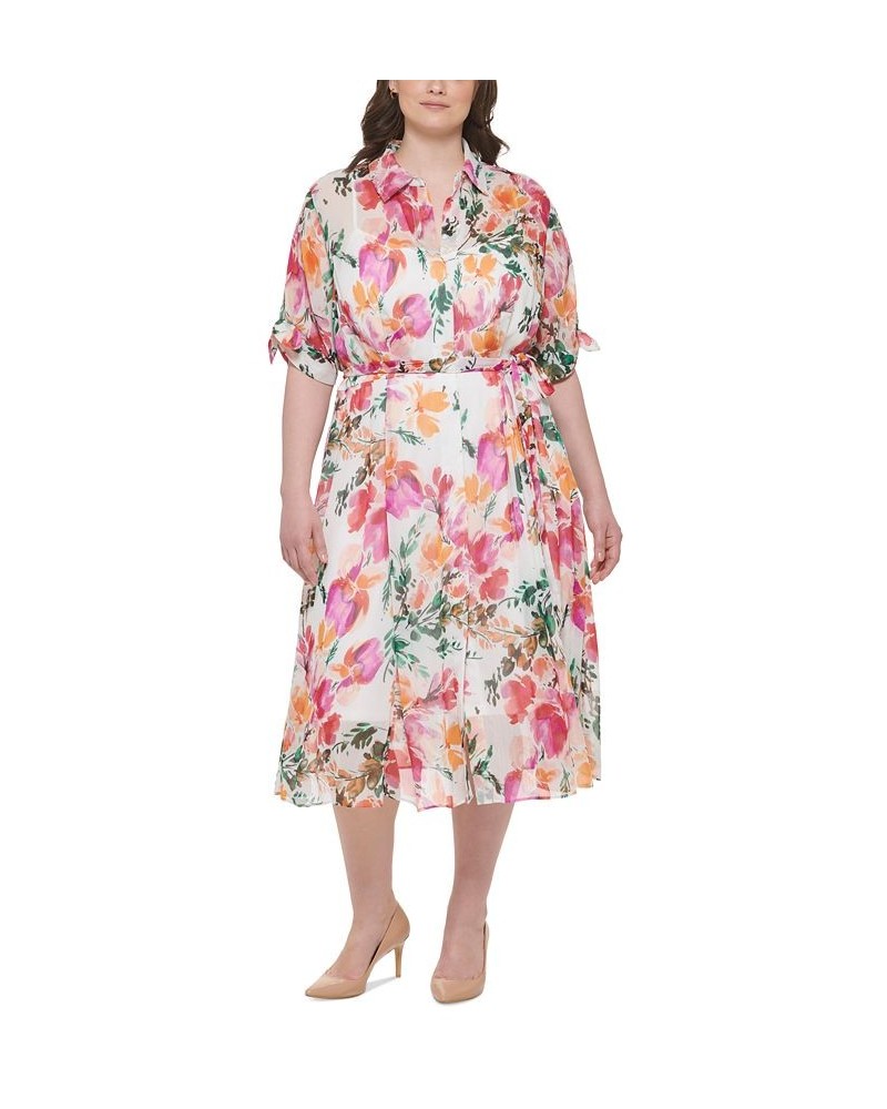 Plus Size Floral-Print Belted Shirt Dress Hibscus Multi $77.00 Dresses