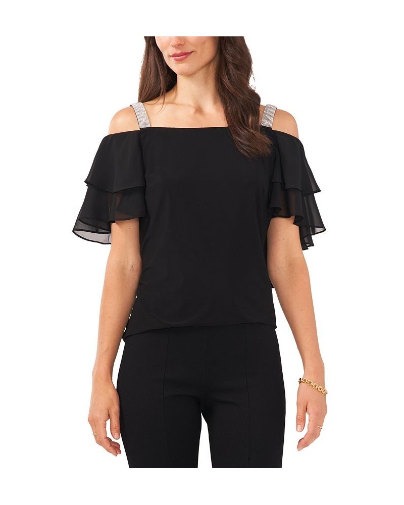 Petite Embellished Cold-Shoulder Tiered-Sleeve Top Black $42.66 Tops