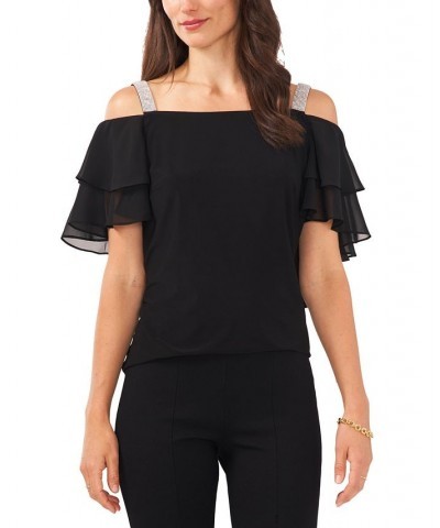 Petite Embellished Cold-Shoulder Tiered-Sleeve Top Black $42.66 Tops