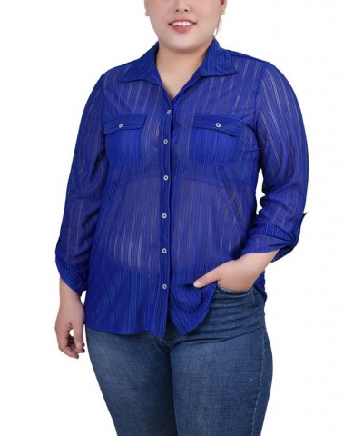 Plus Size Long Roll Tab Sleeve Burnout Knit Top Blue $11.68 Tops