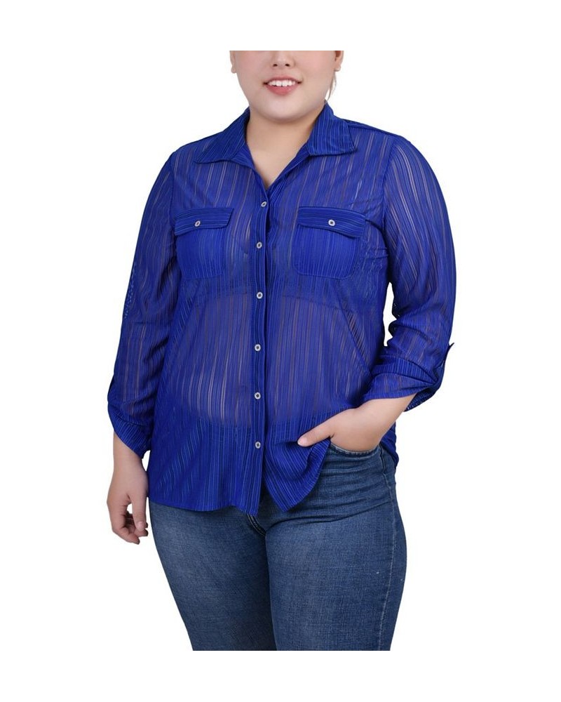 Plus Size Long Roll Tab Sleeve Burnout Knit Top Blue $11.68 Tops