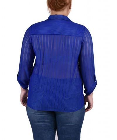 Plus Size Long Roll Tab Sleeve Burnout Knit Top Blue $11.68 Tops