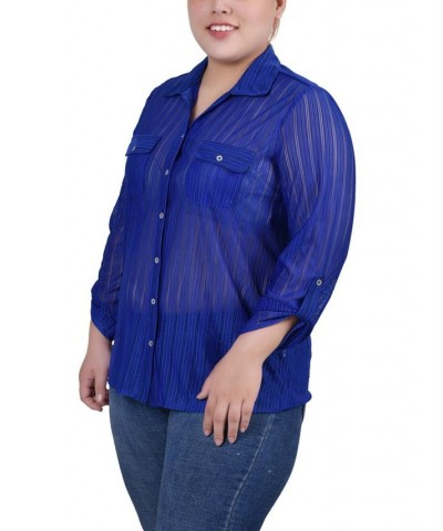 Plus Size Long Roll Tab Sleeve Burnout Knit Top Blue $11.68 Tops