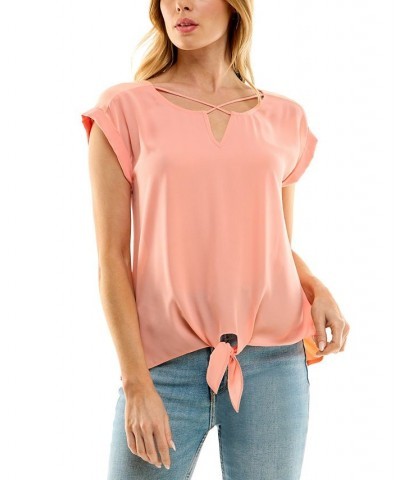 Juniors' Lattice-Neck Short-Sleeve Tie Hem Top Peach $24.99 Tops