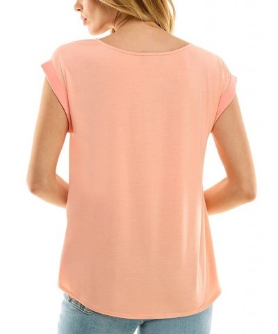 Juniors' Lattice-Neck Short-Sleeve Tie Hem Top Peach $24.99 Tops