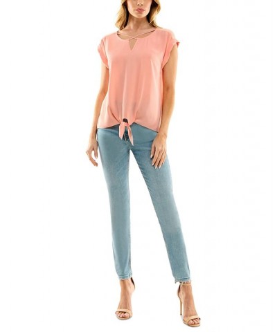 Juniors' Lattice-Neck Short-Sleeve Tie Hem Top Peach $24.99 Tops