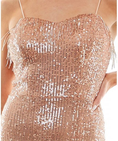 Juniors' Beaded Fringe Sequin Slip Dress Rosegold $35.55 Dresses