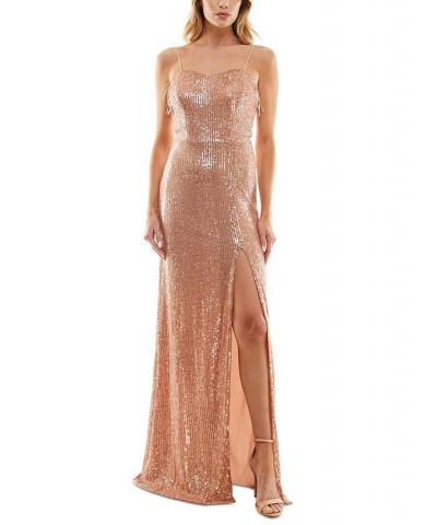 Juniors' Beaded Fringe Sequin Slip Dress Rosegold $35.55 Dresses