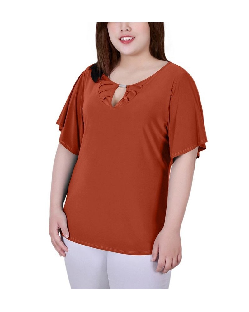 Plus Size Short Flutter Sleeve Knit Top Brown $11.59 Tops