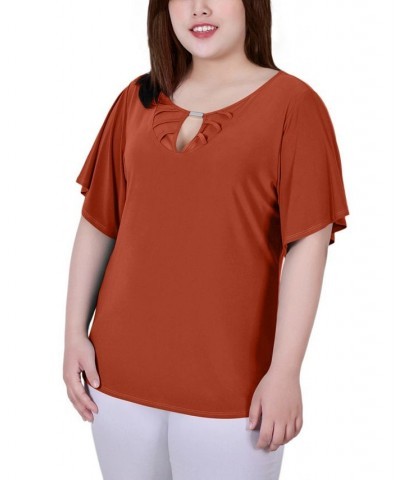 Plus Size Short Flutter Sleeve Knit Top Brown $11.59 Tops