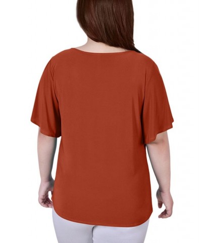 Plus Size Short Flutter Sleeve Knit Top Brown $11.59 Tops