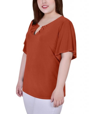 Plus Size Short Flutter Sleeve Knit Top Brown $11.59 Tops