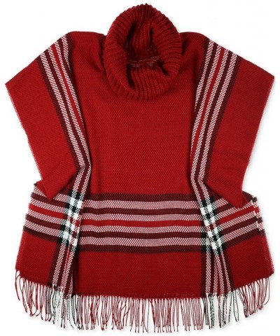 Women's Cowl-Neck Fringe-Trim Knit Plaid Poncho Red $40.48 Sweaters