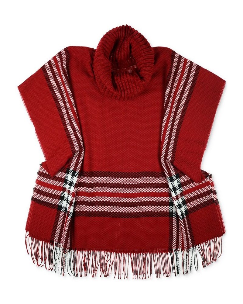 Women's Cowl-Neck Fringe-Trim Knit Plaid Poncho Red $40.48 Sweaters