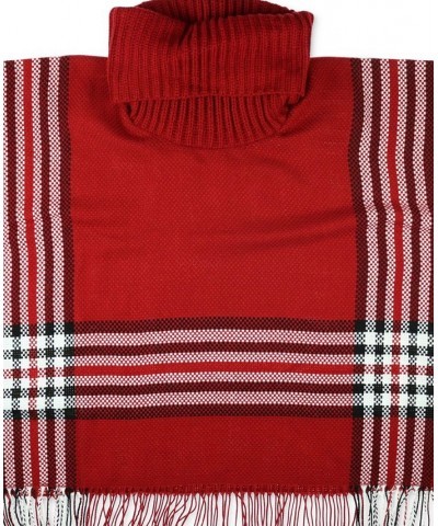 Women's Cowl-Neck Fringe-Trim Knit Plaid Poncho Red $40.48 Sweaters