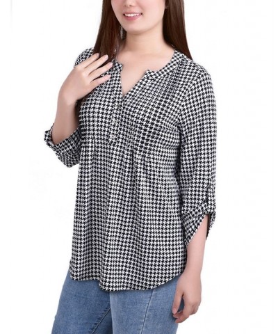 Petite Knit Jacquard 3/4 Sleeve Roll Tab Pintuck Top Menswear $12.52 Tops