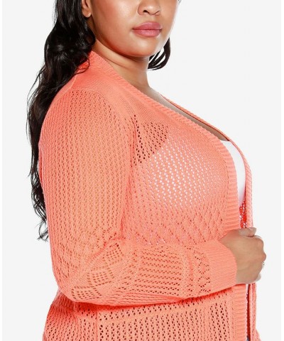 Plus Size Pointelle Long Sleeves Open Cardigan Sweater Orange $23.37 Sweaters