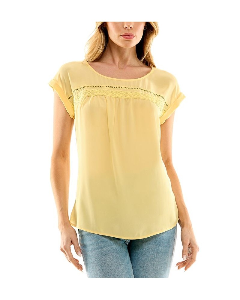 Juniors' Round-Neck Crochet-Inset Short-Sleeve Top Soft Yellow $22.05 Tops